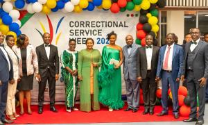 The Chief Guest Tourism and Wildlife Cabinet Secretary Rebecca Miano poses for a group photo with the host Correctional Services Principal Secretary Dr. Salome M. Beacco and other guests which include Principal secretaries from different State Departments
